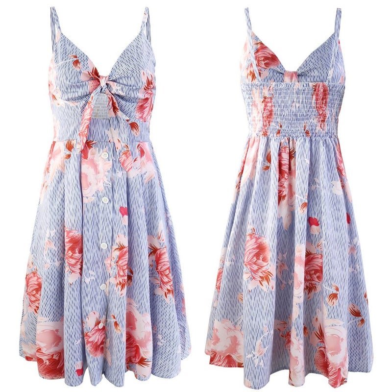 ECOWISH Women 2023 Summer Dresses Tie Front V-Neck Spaghetti Strap Button Down A-Line Backless Swing Midi Dress 1603 Stripe L - Image 5